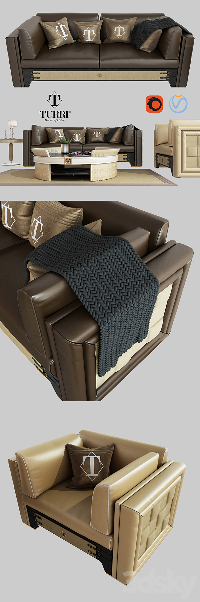 Turri NumeroTre sofa armchair and coffee table 3ds Max - thumbnail 2