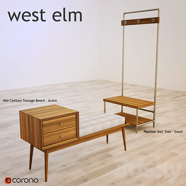 west elm Mid-Century Storage Bench Pipeline Hall Tree 3ds Max - thumbnail 1