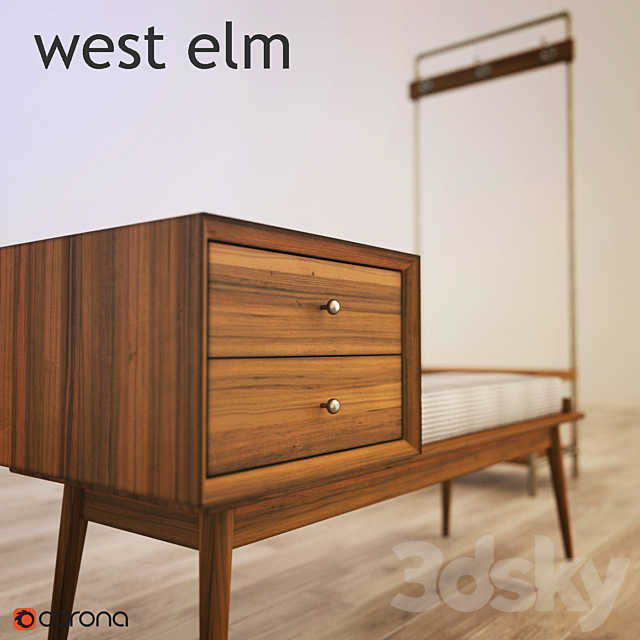 west elm Mid-Century Storage Bench Pipeline Hall Tree 3ds Max - thumbnail 2