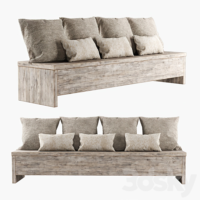 Wooden bench with pillows 3ds Max - thumbnail 1