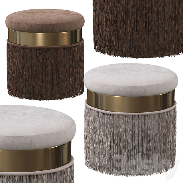 Blush Mauve Long Fringed Round Velvet Ottoman Footstool 3ds Max - thumbnail 3