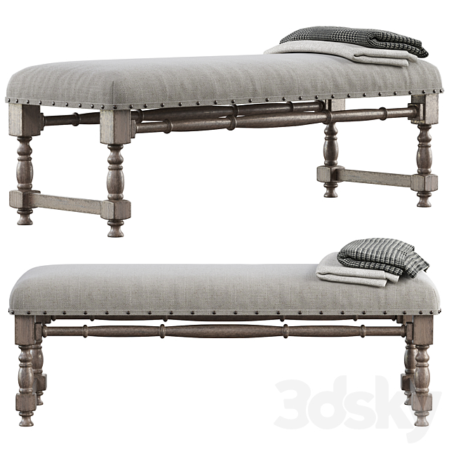 Chic Farmhouse Wood Turned Leg & Light Gray Upholstered Accent Bench 3DSMax File - thumbnail 2