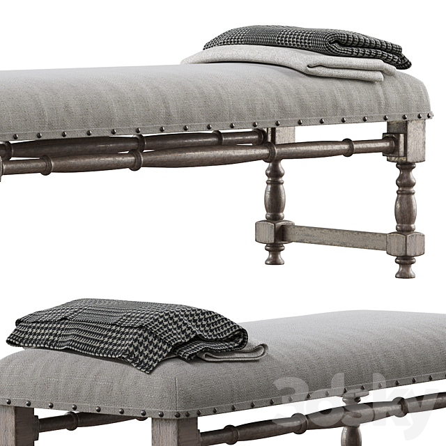 Chic Farmhouse Wood Turned Leg & Light Gray Upholstered Accent Bench 3DSMax File - thumbnail 3