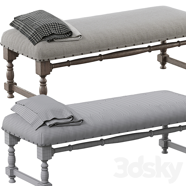 Chic Farmhouse Wood Turned Leg & Light Gray Upholstered Accent Bench 3DSMax File - thumbnail 4