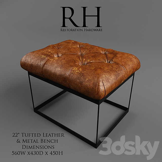 Restoration Hardware _ 22 “Tufted Leather & Metal Bench 3DS Max Model - thumbnail 2