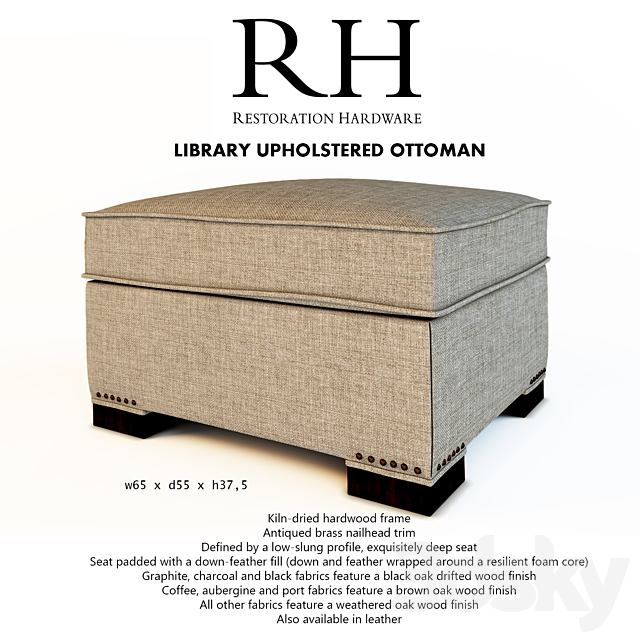 RH LIBRARY UPHOLSTERED OTTOMAN 3DS Max Model - thumbnail 1