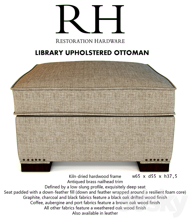 RH LIBRARY UPHOLSTERED OTTOMAN 3DS Max Model - thumbnail 2