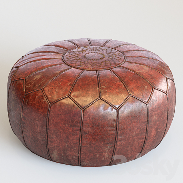 Vintage Round Moroccan Chocolate Brown Leather Pouf Hand Tooled In Marrakech 3DS Max Model - thumbnail 2