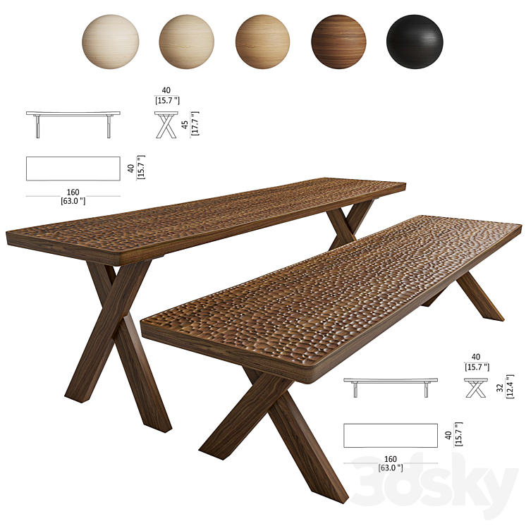 Bench Zanat Touch 160cm Wooden legs 3DS Max - thumbnail 1