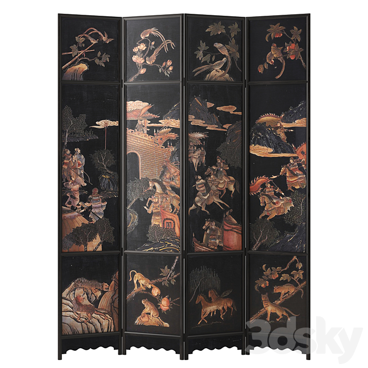 Chinese Four-Panel Lacquered Coromandel Panel Screen 3DS Max Model - thumbnail 1