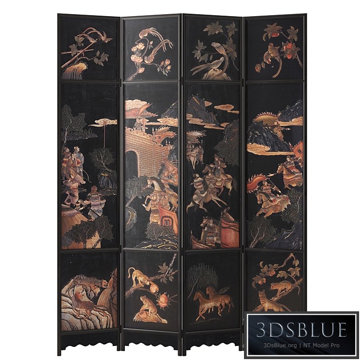 Chinese Four-Panel Lacquered Coromandel Panel Screen 3DS Max - thumbnail 3