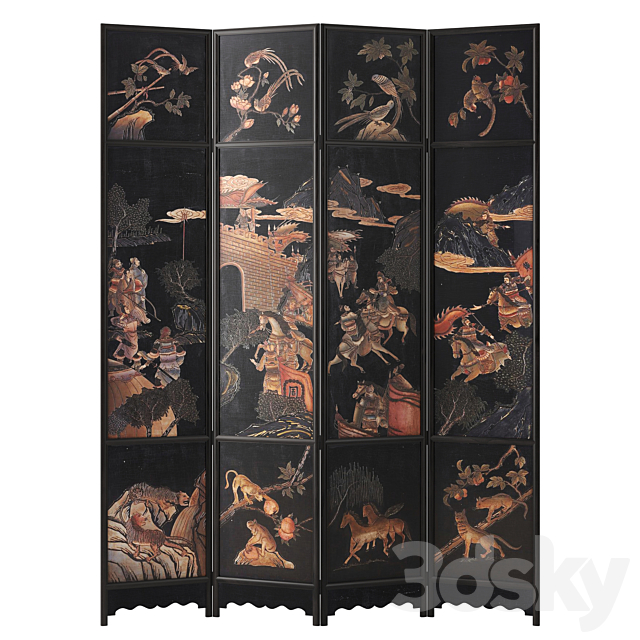 Chinese Four-Panel Lacquered Coromandel Panel Screen 3DSMax File - thumbnail 1