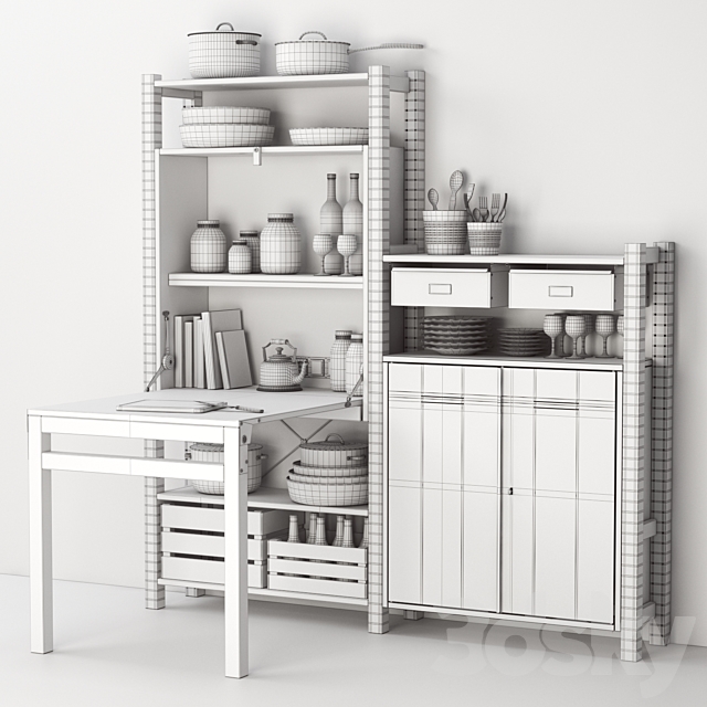 Ikea IVAR Shelving with table _ cabinets _ drawers and kitchen decor set 3DS Max Model - thumbnail 3