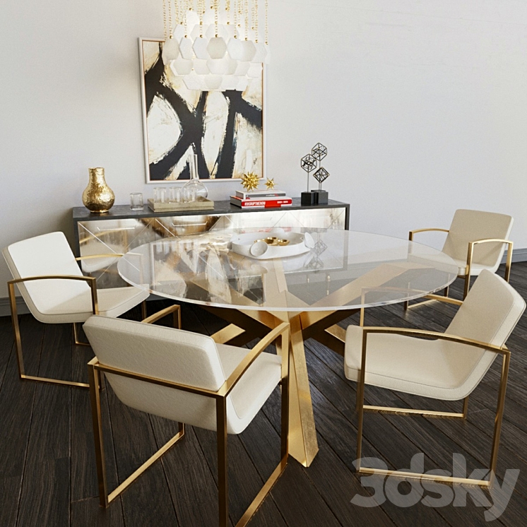 Luxury set of furniture. Collection of table and chairs with elements of gold and glass 3DS Max - thumbnail 2