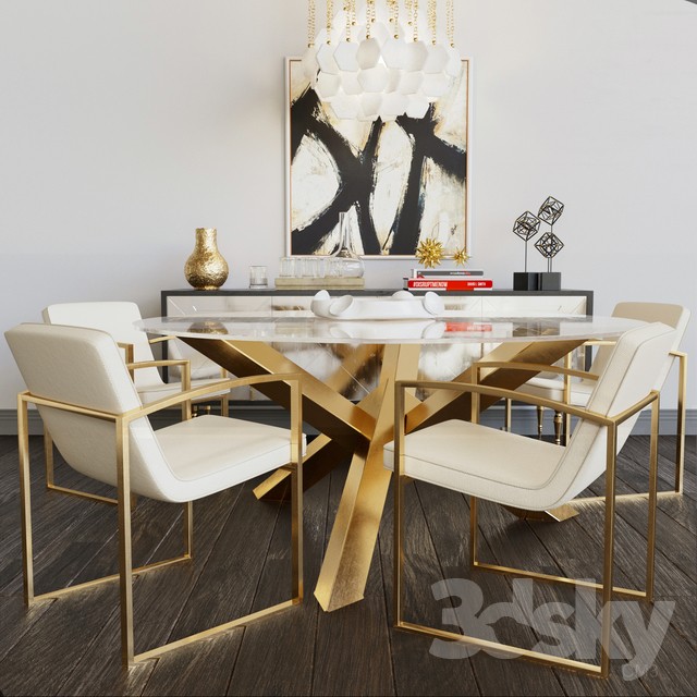 Luxury set of furniture. Collection of table and chairs with elements of gold and glass 3DS Max - thumbnail 3