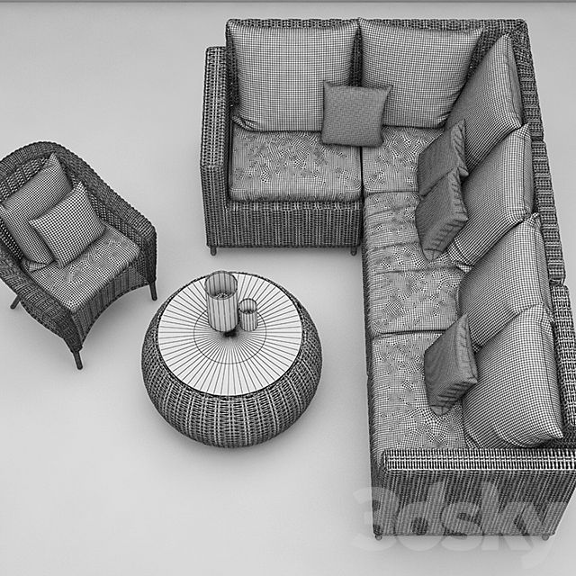 Pottery Barn Torrey wicker Sectional set 3DS Max Model - thumbnail 3