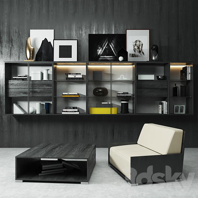 Shelf with books. decor and an armchair 3DSMax File - thumbnail 1