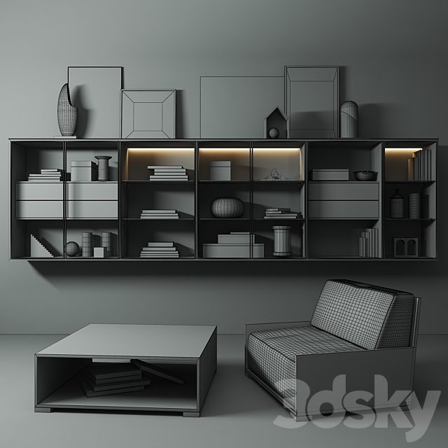 Shelf with books. decor and an armchair 3DSMax File - thumbnail 2