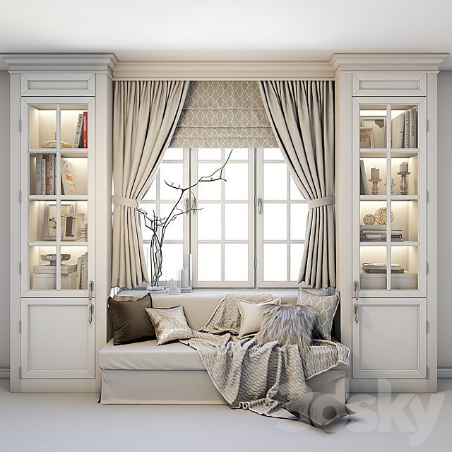 Soft area at the window – a sofa with pillows. blankets. curtains. cabinets and decor. 3DSMax File - thumbnail 1