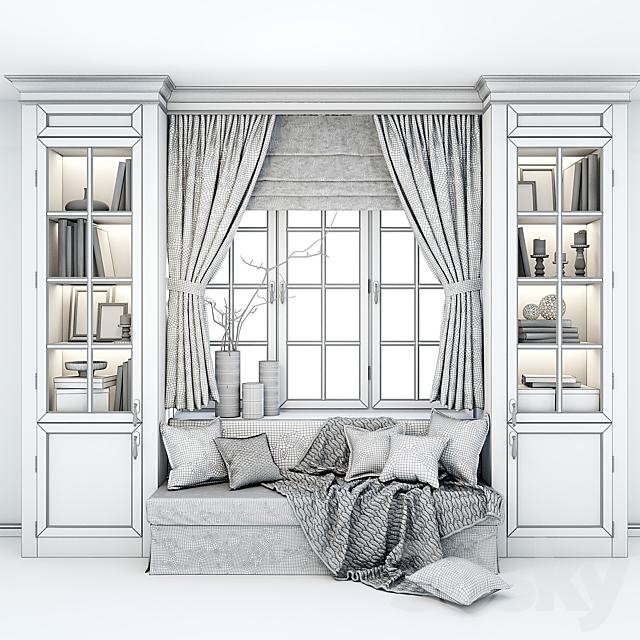 Soft area at the window – a sofa with pillows. blankets. curtains. cabinets and decor. 3DSMax File - thumbnail 3