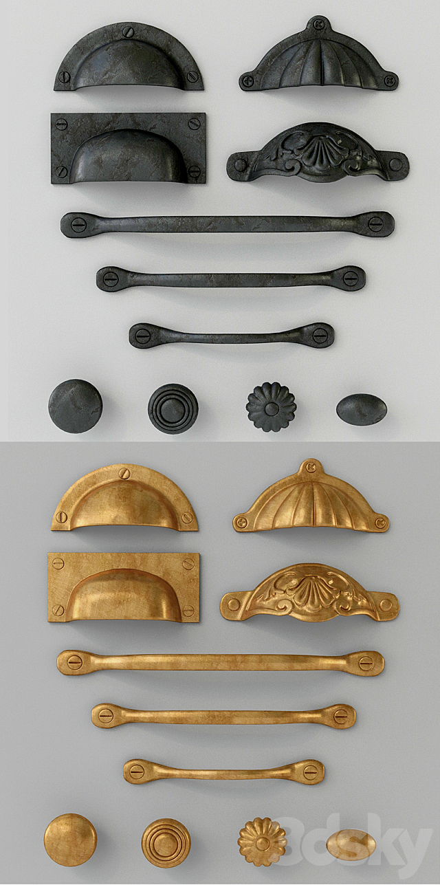 Vintage KITCHEN CUPBOARD CABINET DOOR HANDLES & KNOBS 3DSMax File - thumbnail 2