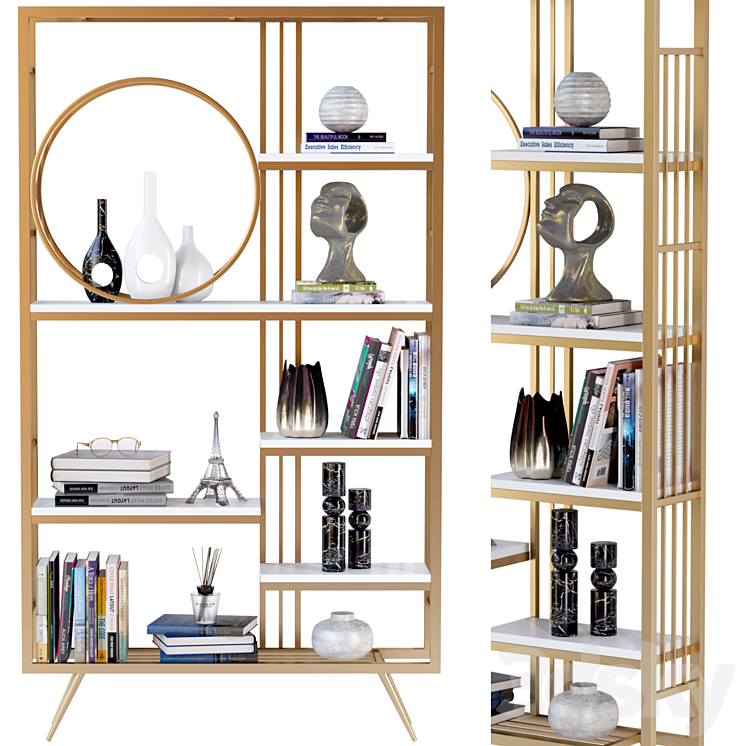 Rack with decor books and figurines 3DS Max Model - thumbnail 1