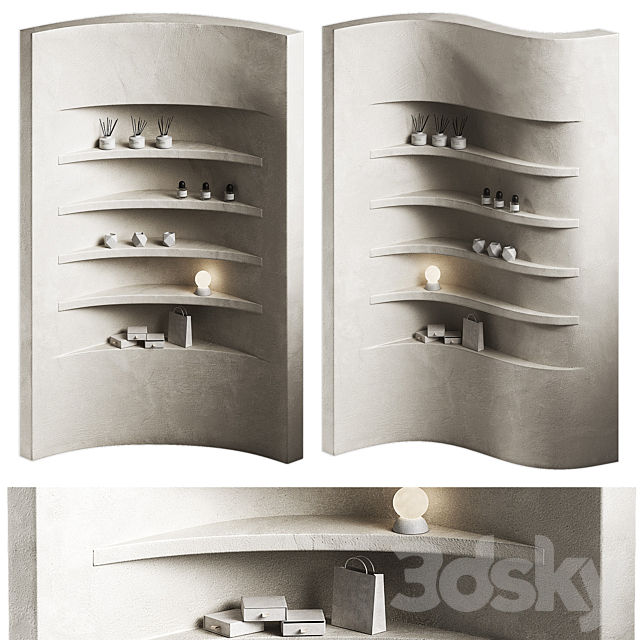 Wavy shelves 3. Rack shelving with decor. Corner wall partitions with niche. 3DS Max Model - thumbnail 2