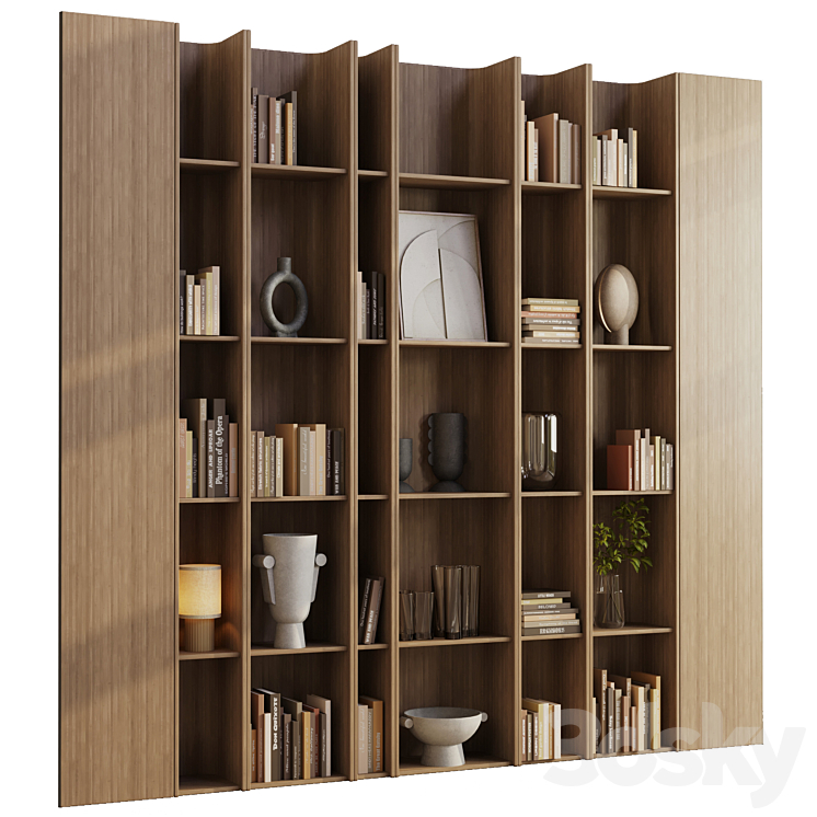 wooden Shelves Decorative With Plants and Book – Wooden Rack 08 3DS Max Model - thumbnail 3