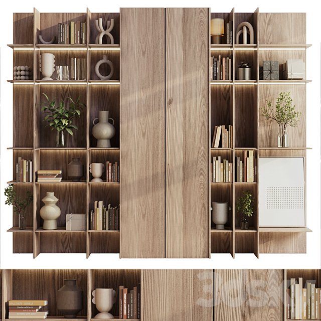 wooden Shelves Decorative With Plants and Book – Wooden Rack 09 3DS Max Model - thumbnail 2