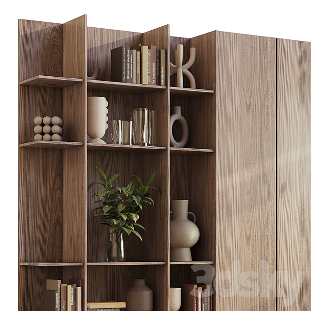 wooden Shelves Decorative With Plants and Book – Wooden Rack 09 3DS Max Model - thumbnail 3