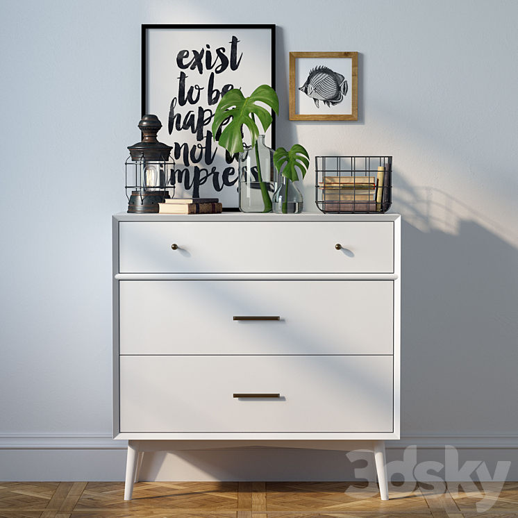 Dresser Mid-Century 3-Drawer Dresser + decor 3DS Max - thumbnail 1