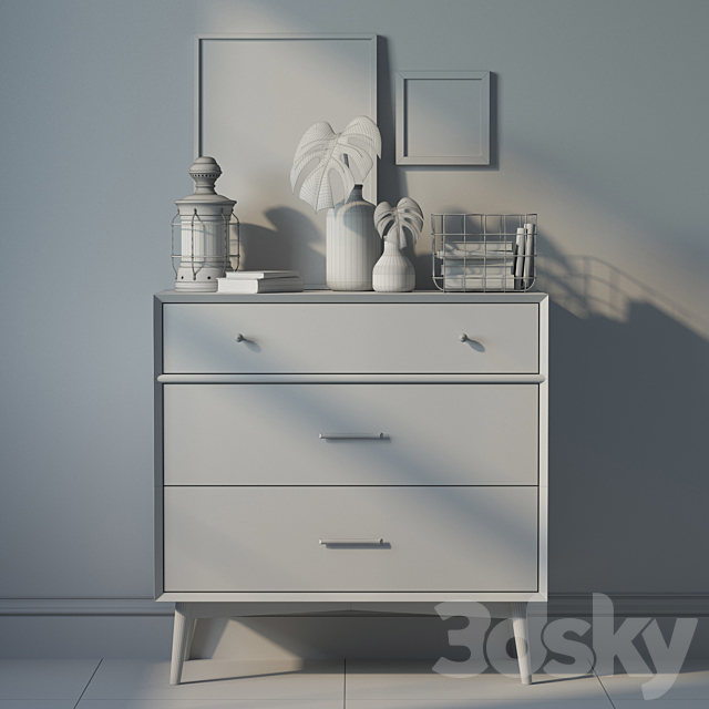 Dresser Mid-Century 3-Drawer Dresser + decor 3DSMax File - thumbnail 3