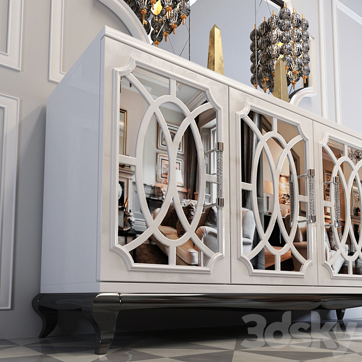 High End Italian White Fretwork Mirrored Sideboard 3DS Max - thumbnail 2