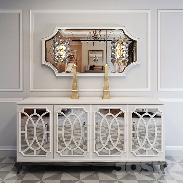 High End Italian White Fretwork Mirrored Sideboard 3DS Max Model - thumbnail 1