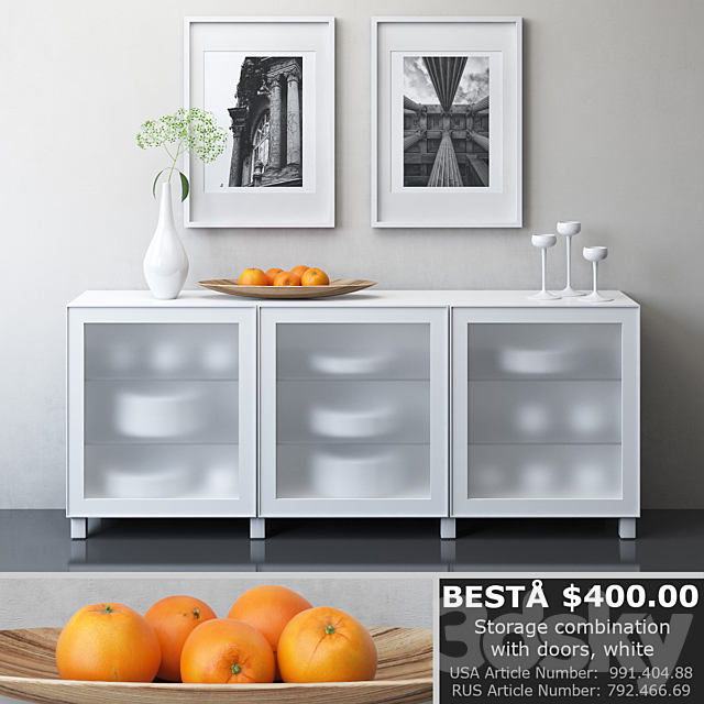 IKEA BESTA Storage combination with doors. Glassvik white frosted glass 3DSMax File - thumbnail 1