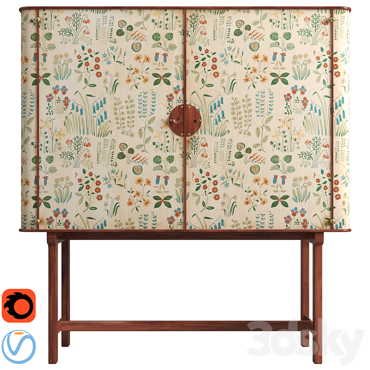 Josef Frank mahogany cabinet | floral chintz fabric 'Fatima' 3DS Max Model - thumbnail 3