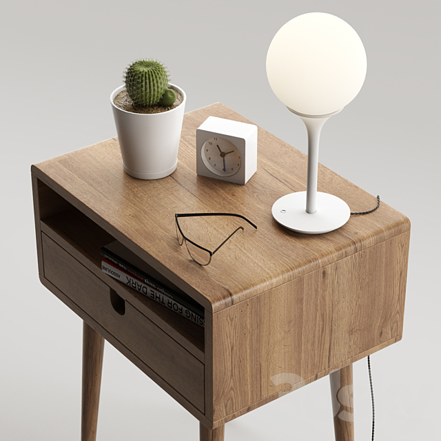 Mid Century Nightstand with Drawer in Walnut 3DS Max Model - thumbnail 2