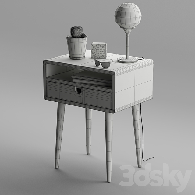 Mid Century Nightstand with Drawer in Walnut 3DS Max Model - thumbnail 3