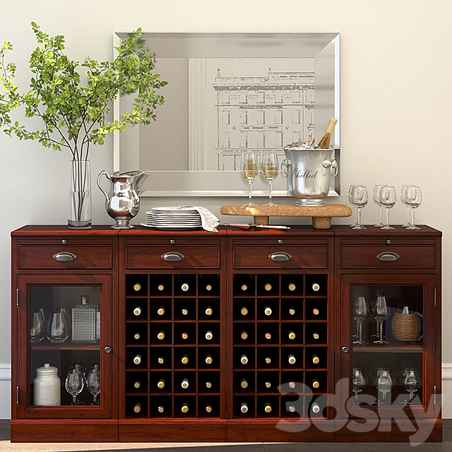 MODULAR BAR BUFFET WITH 2 WINE GRID BASES & 2 GLASS DOOR CABINETS + Decor set 3DSMax File - thumbnail 1