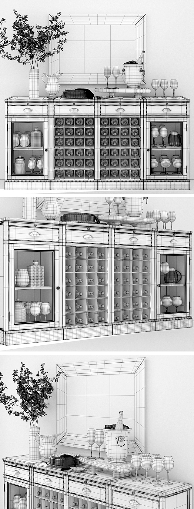 MODULAR BAR BUFFET WITH 2 WINE GRID BASES & 2 GLASS DOOR CABINETS + Decor set 3DSMax File - thumbnail 3