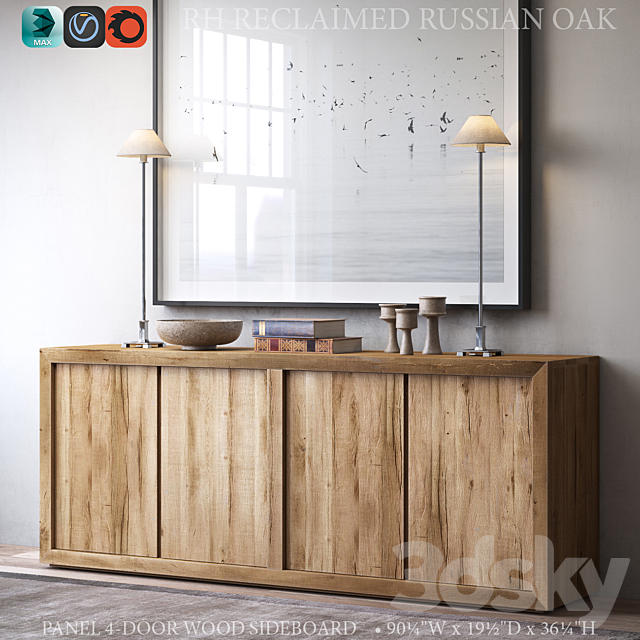 RECLAIMED RUSSIAN OAK PANEL 4-DOOR WOOD SIDEBOARD 3DS Max Model - thumbnail 2