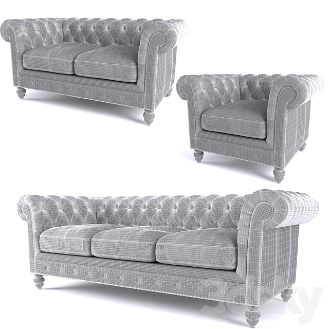 Brooklyn Chesterfield Leather Sofa and Loveseat and Armchair 3DS Max Model - thumbnail 2