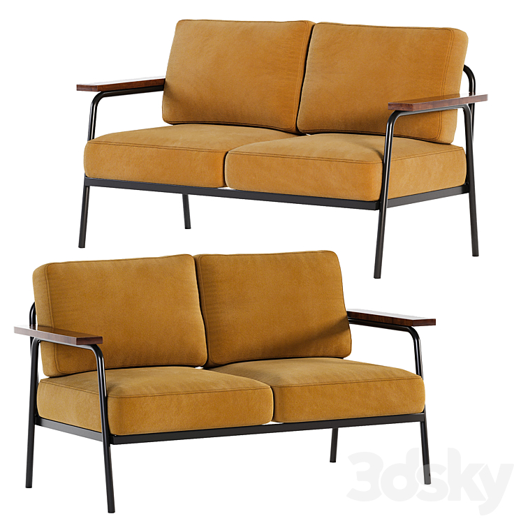 Mid Century Modern Loveseat with 2 Pillows Back and Square Arms 3DS Max Model - thumbnail 1