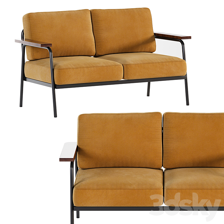Mid Century Modern Loveseat with 2 Pillows Back and Square Arms 3DS Max - thumbnail 2