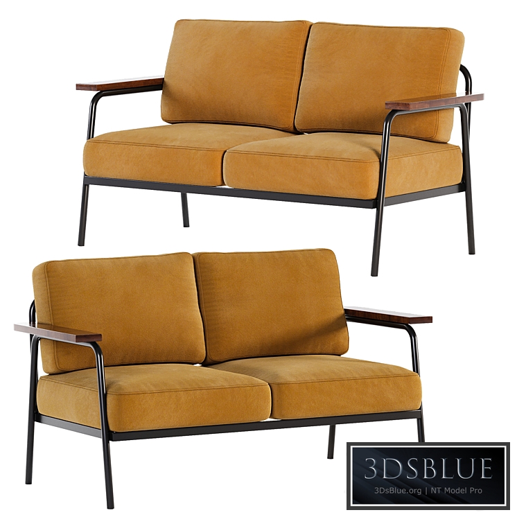 Mid Century Modern Loveseat with 2 Pillows Back and Square Arms 3DS Max - thumbnail 3