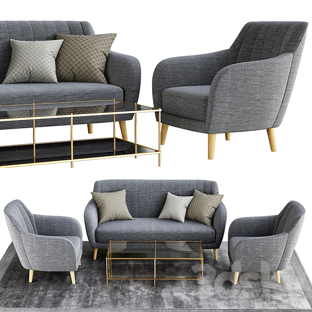 Sillon and sofa retro tela gris patas madera 3DSMax File - thumbnail 1