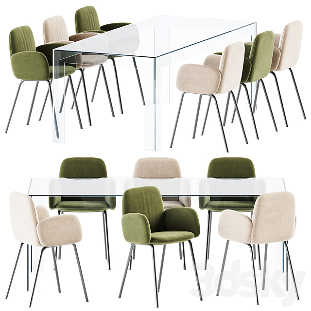 Atlantis Table by Glas Italia and Leda Chair With Armrests by Miniforms 3DSMax File - thumbnail 1