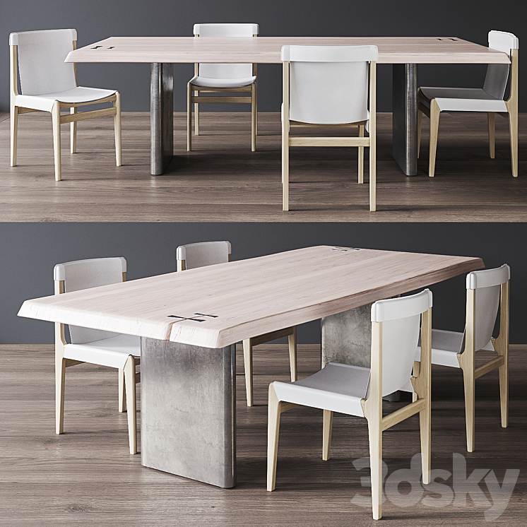 CB2 Burano White Leather Sling Chair Landscape Live Edge White Washed Wood Dining Table 3DS Max Model - thumbnail 1