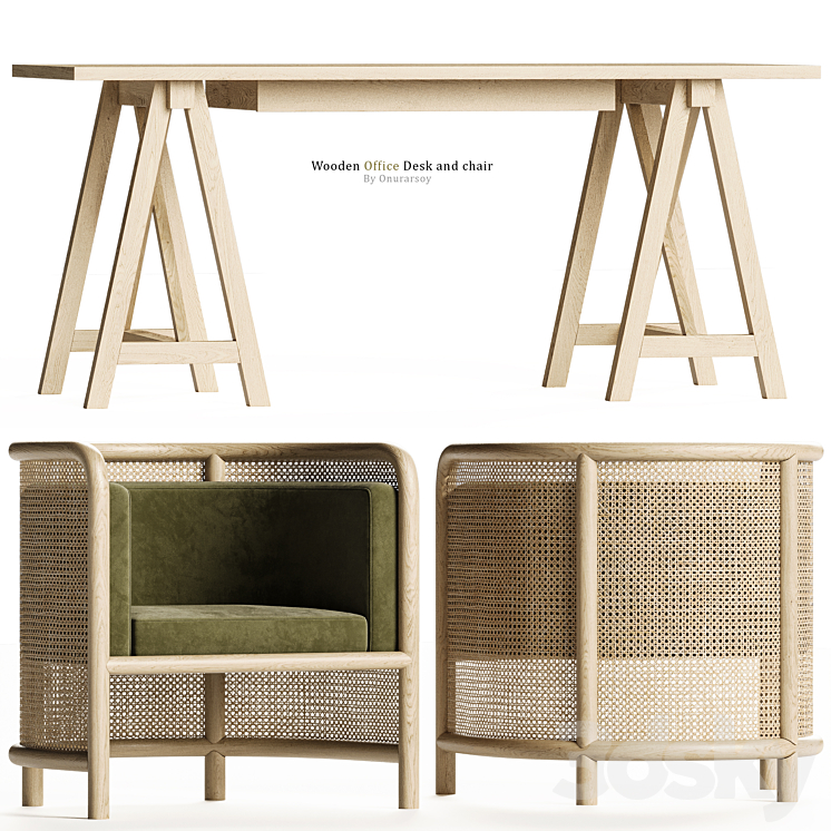 Crate & barrel – Haldeman Wood Desk with Chair set 3DS Max Model - thumbnail 1