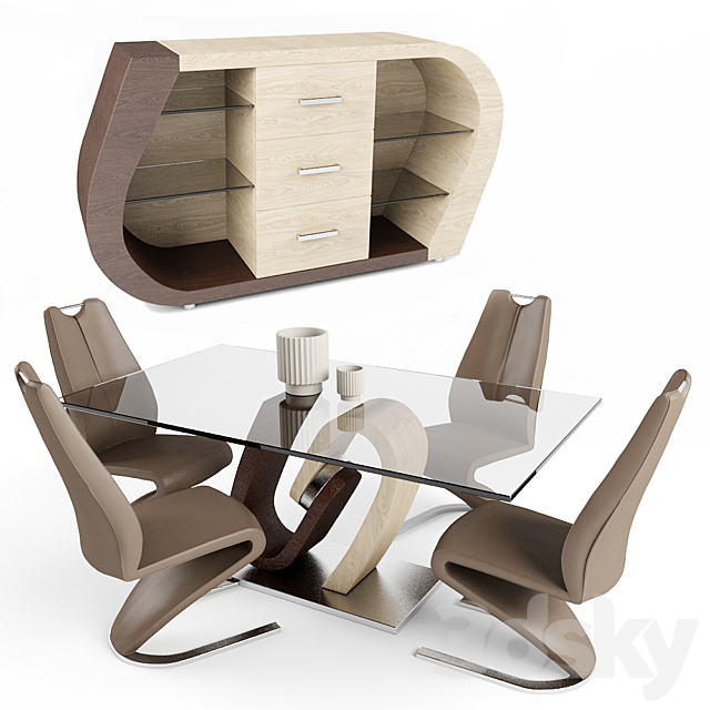 Dining Room Set in Oak and Walnut 3DS Max Model - thumbnail 2